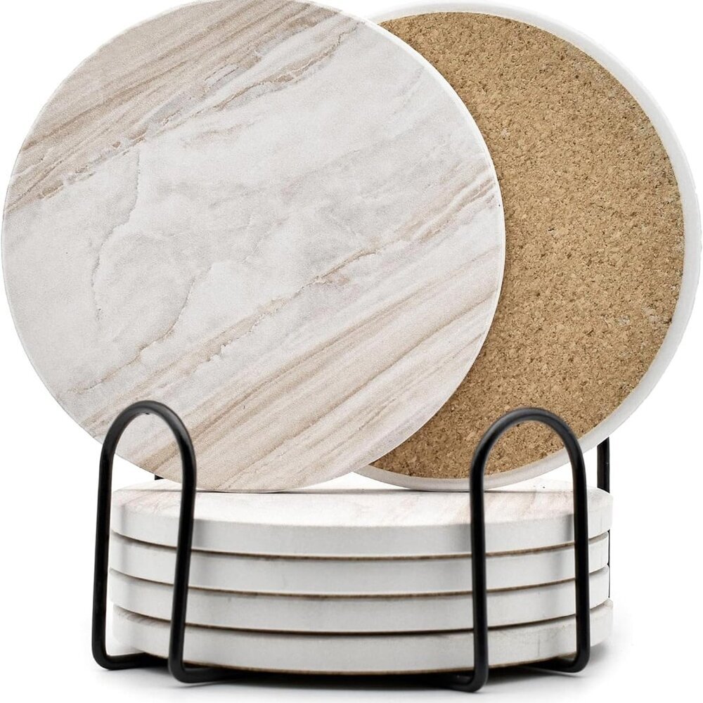 6Pcs Drink Coasters with Holder, Marble Style Ceramic Drink Coaster, Absorbent C